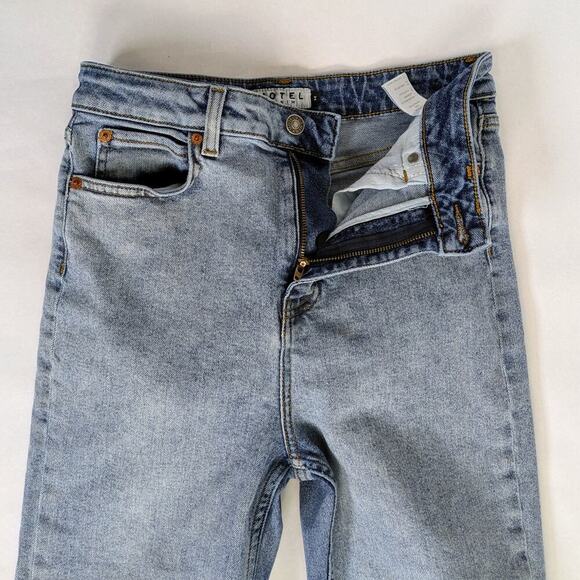Motel Denim Jeans M Blue Split Hem Straight Leg Medium Wash Stretch Zipper Fly - Picture 4 of 11